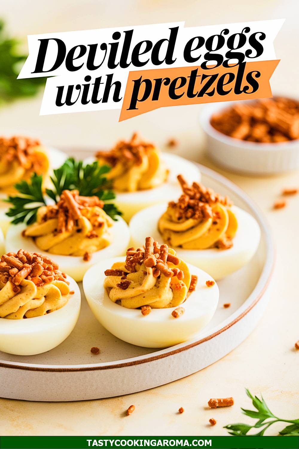 Dijon Deviled Eggs with a Crunchy Pretzel Topping