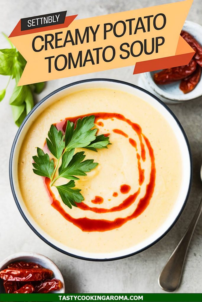 Creamy Potato Soup with Sun-Dried Tomato Drizzle and Basil Leaves