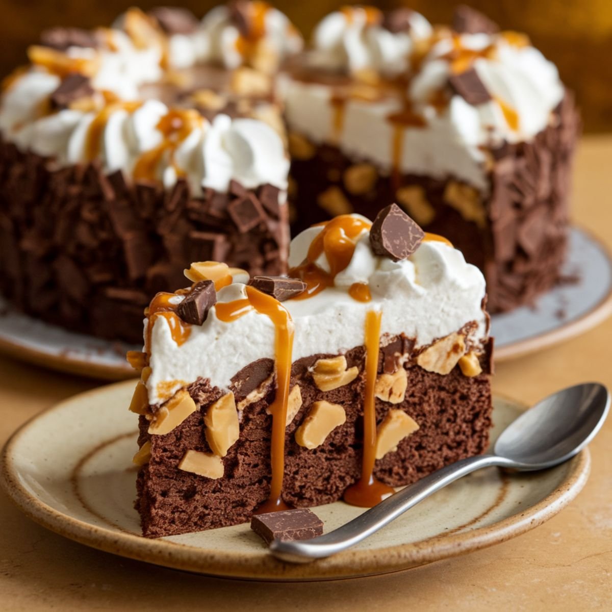 Better Than Sex Cake Recipe - A rich, moist chocolate cake layered with whipped cream, caramel drizzle, toffee bits, and chocolate chunks. A decadent and indulgent dessert perfect for any occasion.