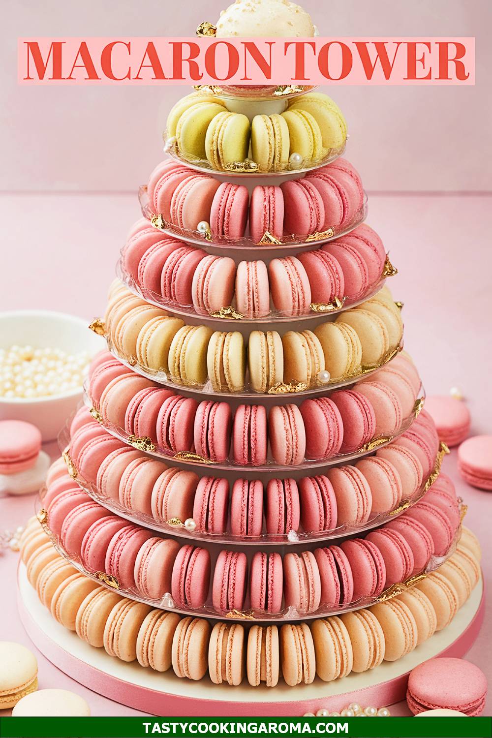 Assorted Macaron Tower with Blush-Pink Accents