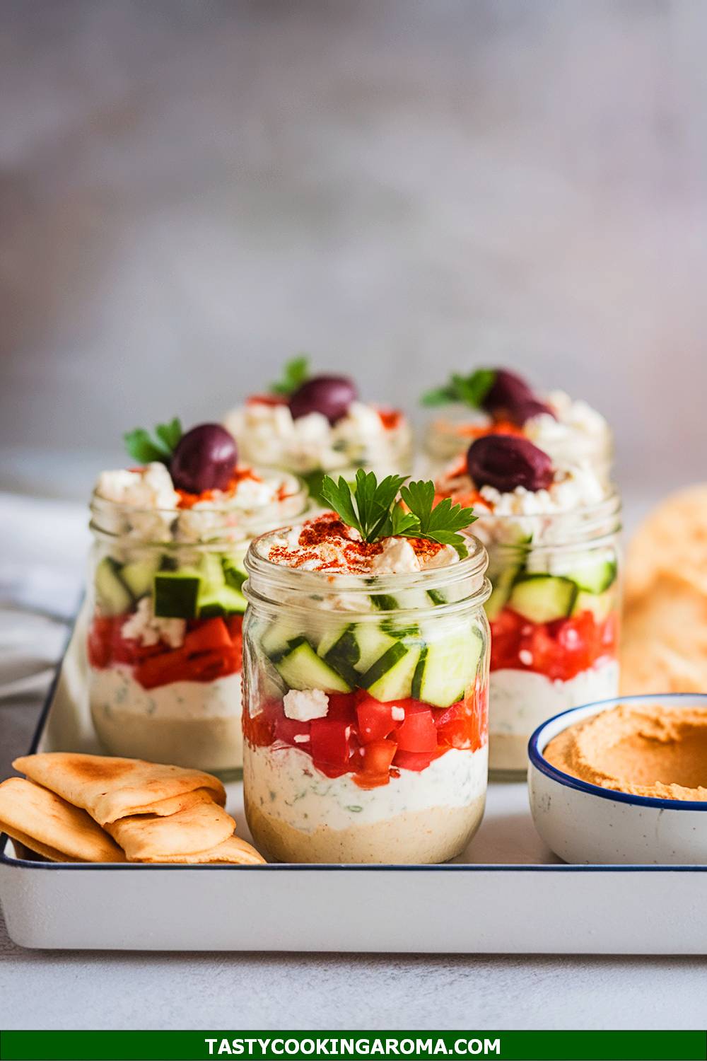 Individual Mason Jar Greek Layered Dips