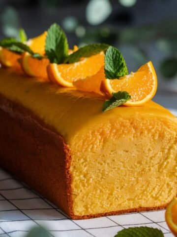 Bright and zesty Orange Cake Recipe featuring a soft, moist loaf topped with fresh orange slices and mint. A delicious homemade citrus dessert perfect for any occasion.