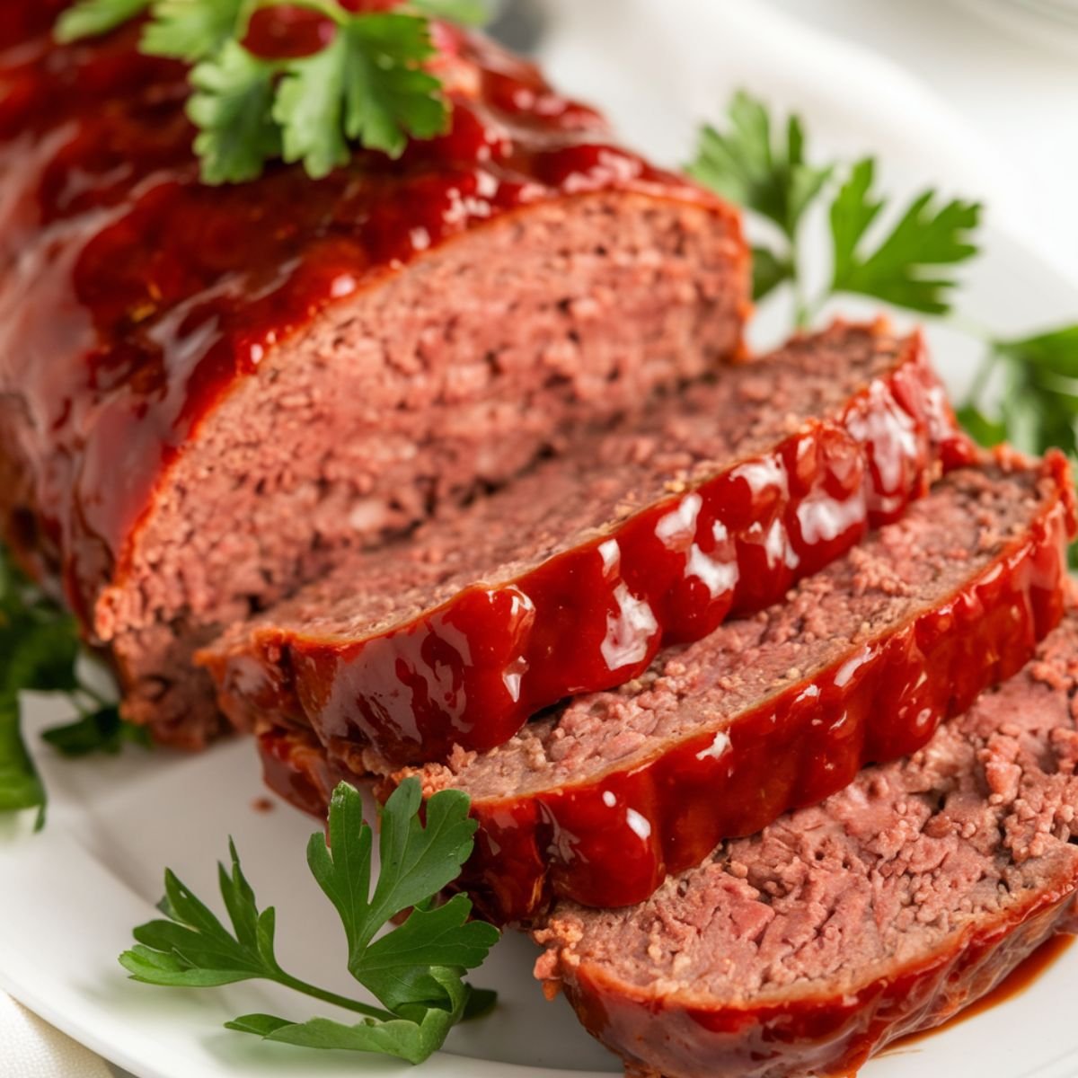 Chicken Meatloaf Recipe featuring a juicy, tender meatloaf coated in a glossy, flavorful glaze, sliced and served on a white plate with fresh parsley garnish. A perfect homemade comfort food dish.