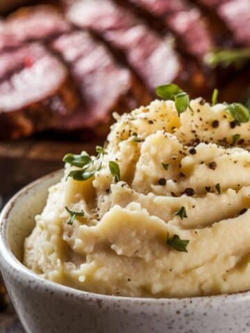 Creamy mashed potatoes infused with Cowboy Butter Recipe flavors, garnished with fresh herbs and black pepper, served with tender, sliced steak in a rustic presentation.