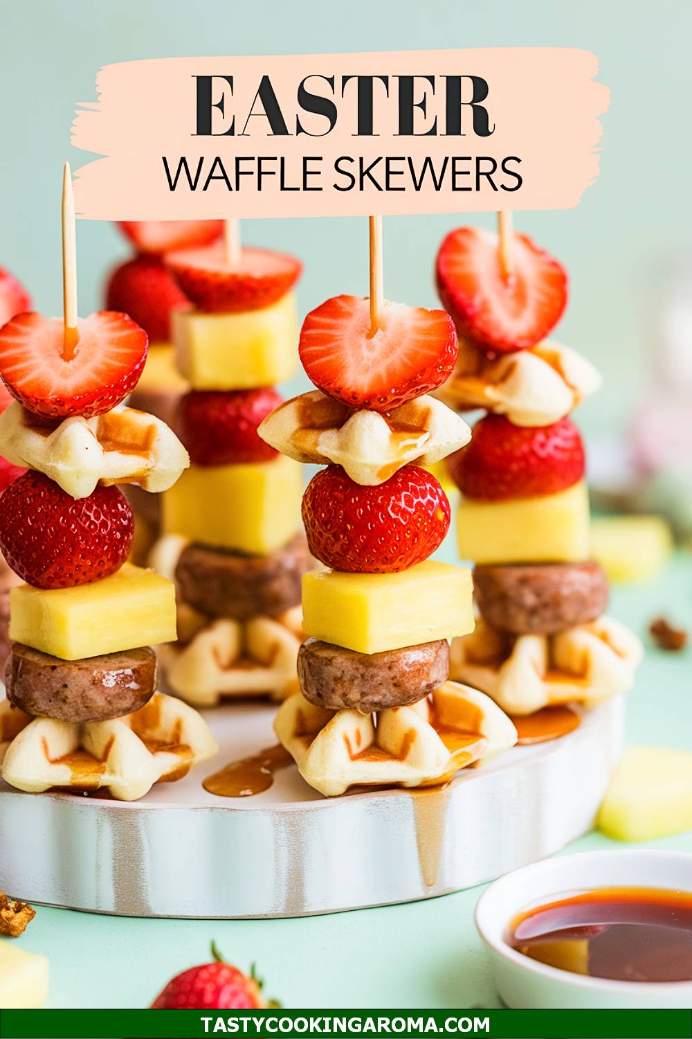 Easter Brunch Skewers with Waffles, Sausage, and Fruit