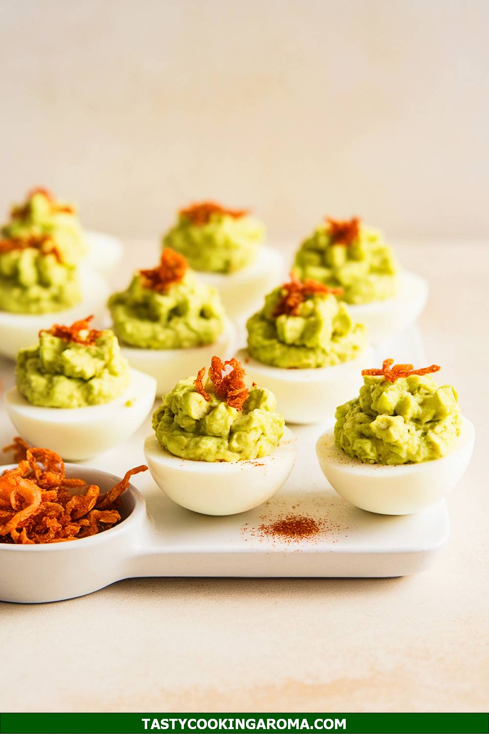 Deviled Avocado Eggs with Crispy Shallots