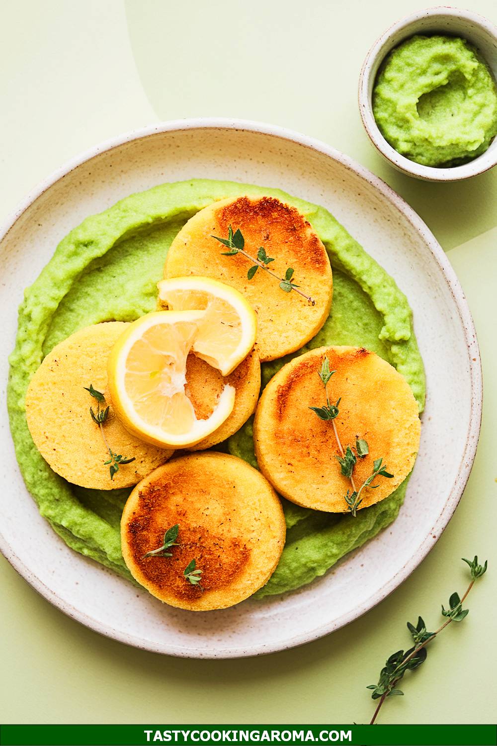 Lemon-Thyme Polenta Cakes with Spring Pea Puree