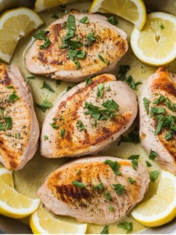 Golden Lemon Pepper Chicken Breasts garnished with fresh parsley and surrounded by lemon slices in a skillet, showcasing a flavorful and juicy recipe perfect for an easy dinner or meal prep.