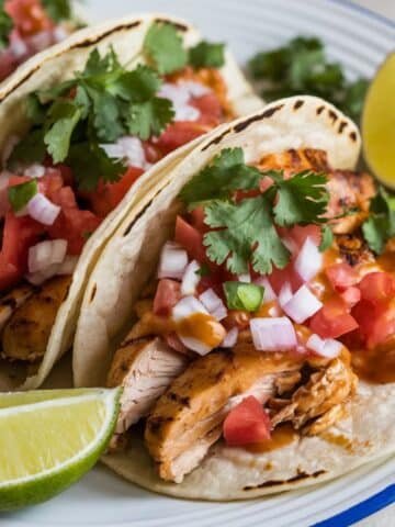 Grilled chicken tacos recipe with fresh salsa, chopped tomatoes, onions, cilantro, and lime wedges served on warm tortillas.
