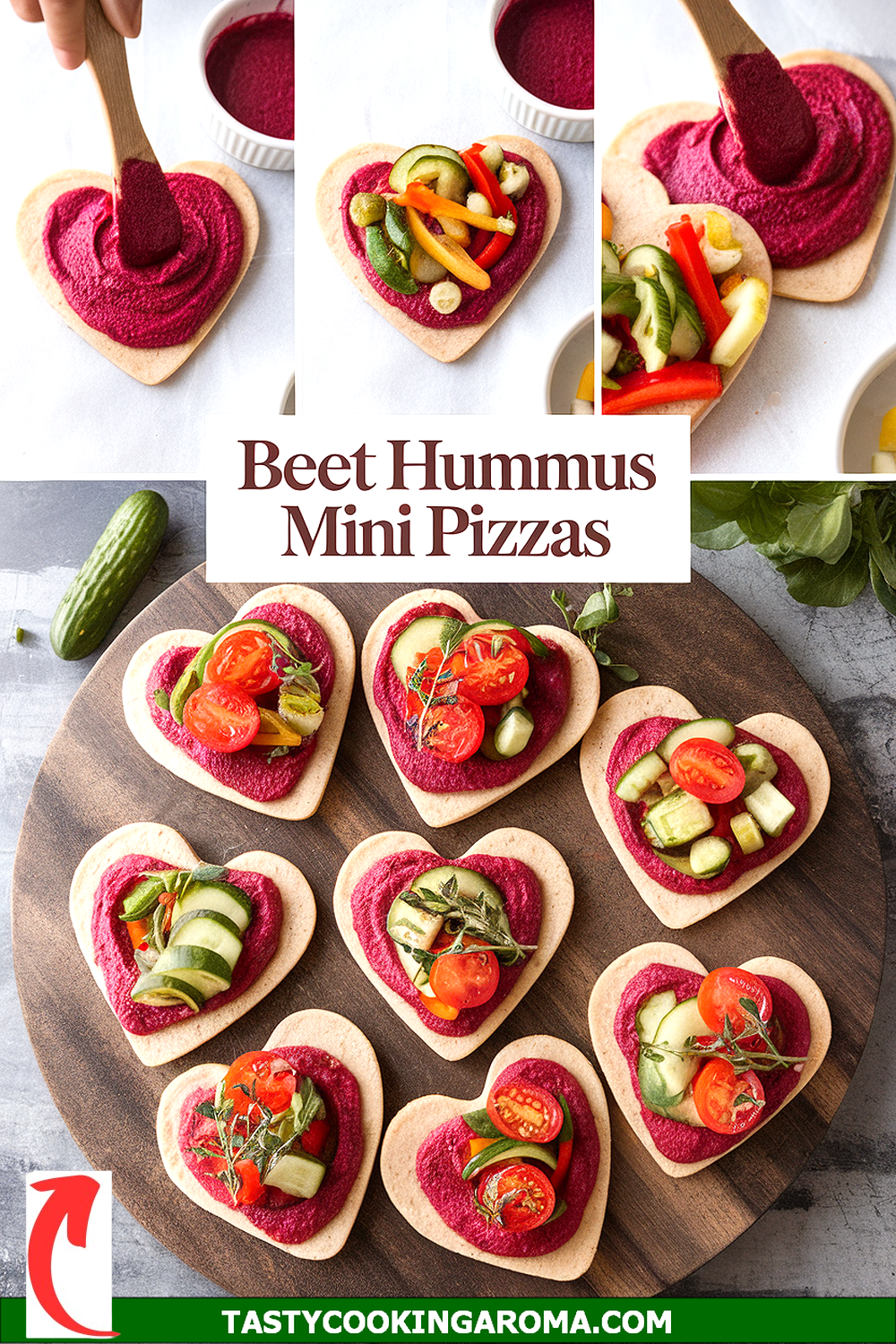 Blush Beet Hummus Mini Heart Pizzas with Veggie Toppings