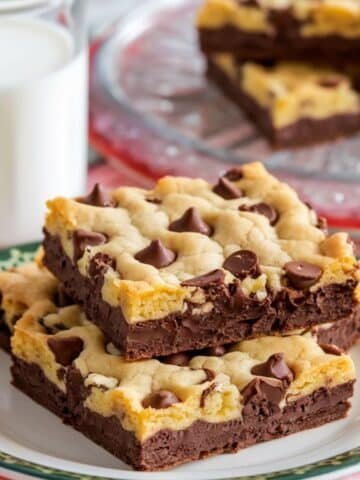 A close-up of delicious brookies with a gooey brownie base and a soft cookie topping, perfect for an easy Brookie Recipe.