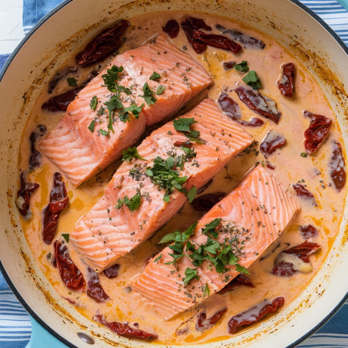 Marry Me Salmon Recipe - A creamy Tuscan-style salmon dish with tender pan-seared fillets, sun-dried tomatoes, and a rich garlic parmesan sauce, garnished with fresh herbs. Perfect for an easy gourmet dinner.