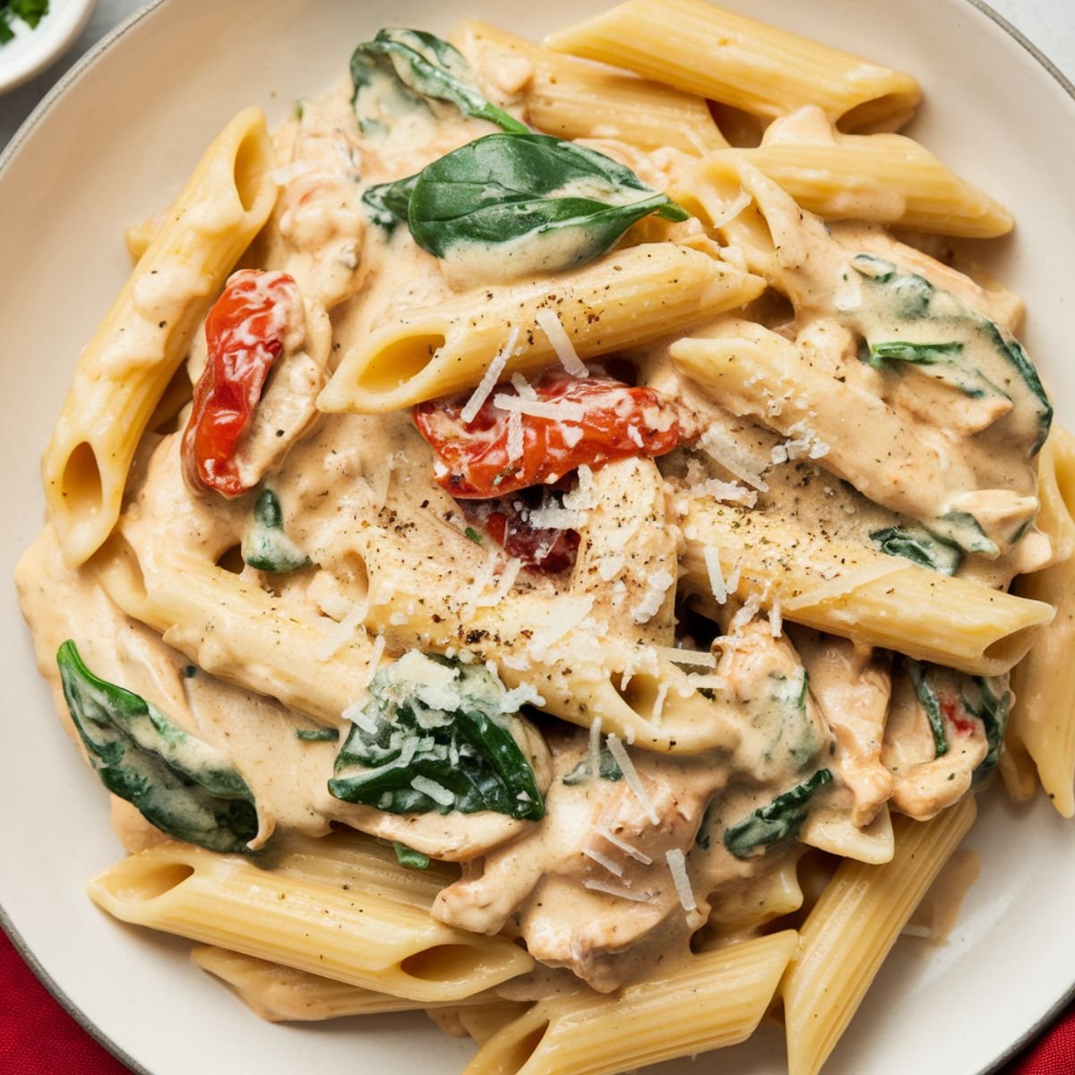 Rich and creamy Marry Me Chicken Pasta recipe with tender chicken, sun-dried tomatoes, spinach, and Parmesan in a flavorful garlic cream sauce. A delicious, easy 30-minute pasta dish perfect for dinner.