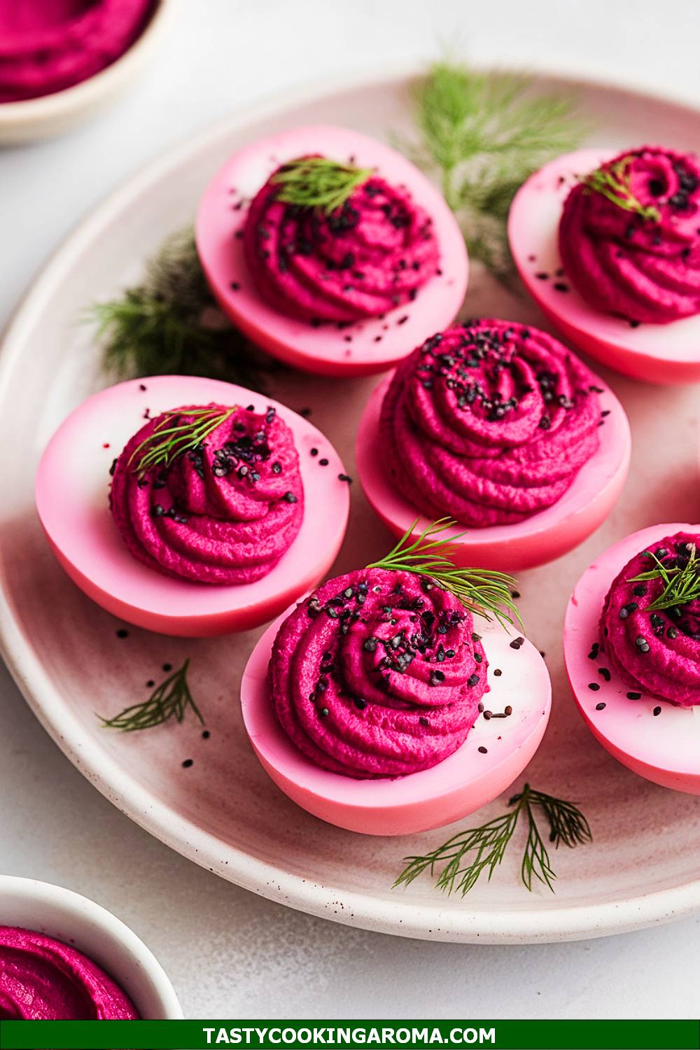 Pink Deviled Eggs with Beet Hummus Filling