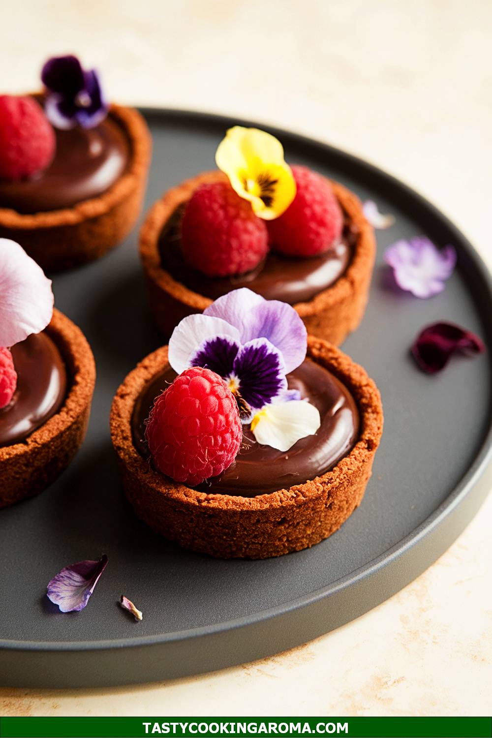 Chocolate Raspberry Tarts with Floral Garnishes