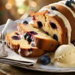 Blueberry Pound Cake Recipe – A moist and buttery blueberry pound cake drizzled with a creamy vanilla glaze, served on a plate with fresh blueberries and a scoop of vanilla ice cream. The golden-brown cake is packed with juicy blueberries, making it a perfect homemade dessert or tea-time treat.