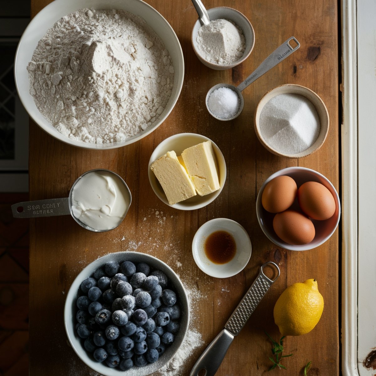 Blueberry Pound Cake Recipe – A top-down view of fresh ingredients for homemade blueberry pound cake, including flour, sugar, butter, eggs, sour cream, vanilla extract, fresh blueberries, and a lemon for zest. Perfect for creating a rich and moist cake with bursts of blueberry flavor.