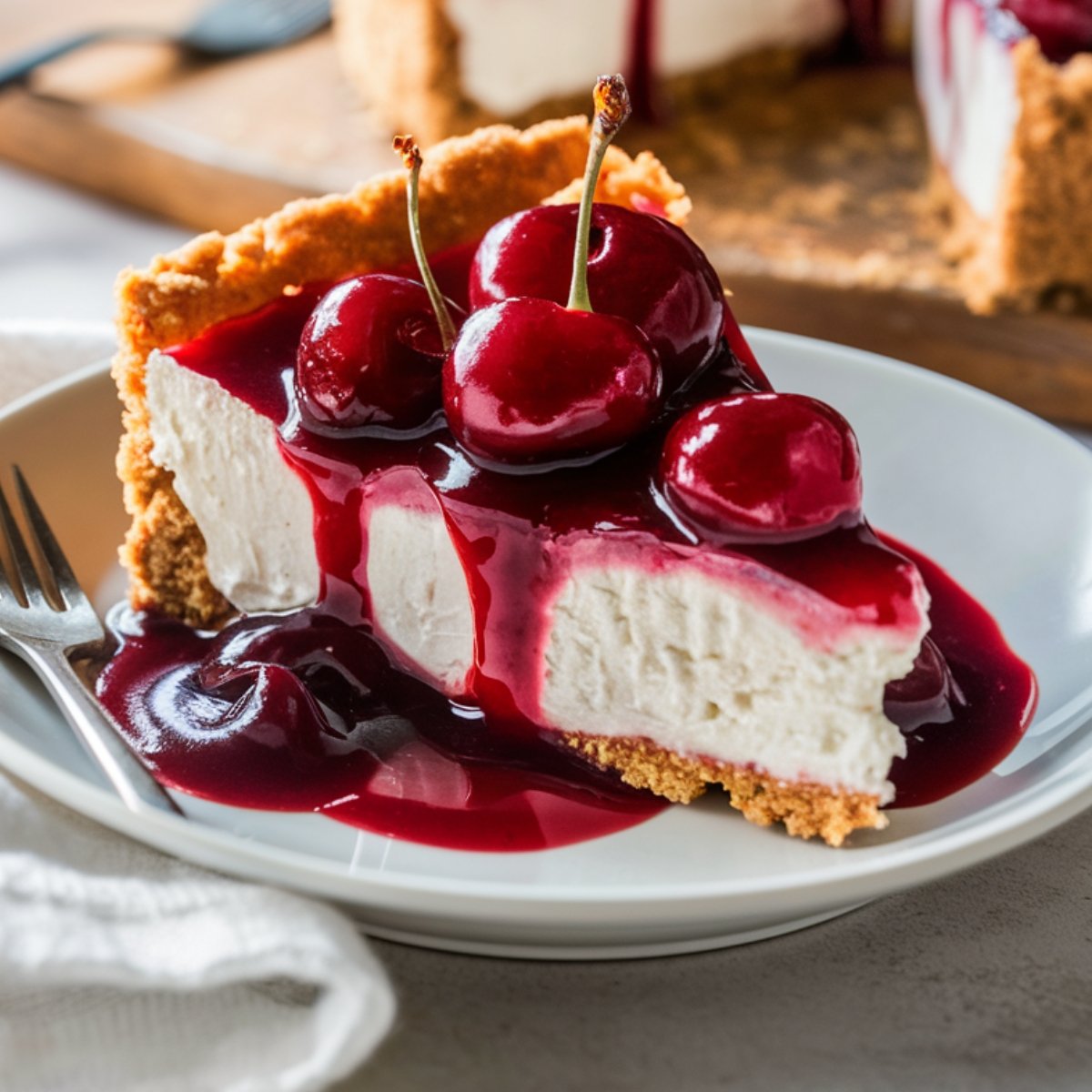 Cherry Cheesecake Recipe - A rich and creamy no-bake cheesecake with a golden graham cracker crust, topped with a glossy homemade cherry topping. Whole cherries and a luscious cherry sauce cascade down the sides, creating a decadent and irresistible dessert perfect for any occasion.