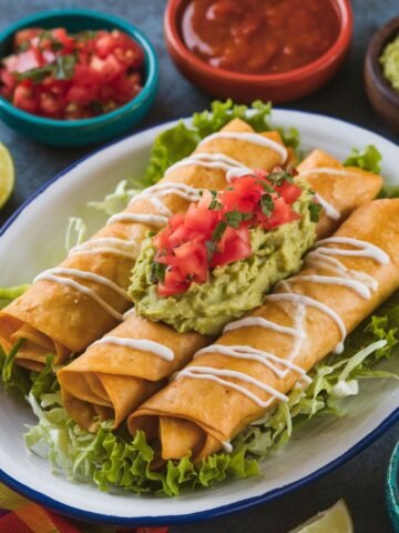Crispy Beef Taquitos served on a plate with fresh guacamole, diced tomatoes, and a drizzle of sour cream. Accompanied by salsa, lime wedges, and a colorful garnish. Perfect homemade Beef Taquitos recipe for a delicious Mexican-inspired meal.