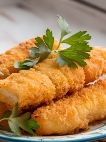 A plate of crispy, golden fried fish made using a Hillbilly Fish Fry Seasonings Recipe, garnished with fresh parsley. The perfectly seasoned coating creates a crunchy texture, enhancing the tender, flaky fish inside for a delicious Southern-style meal.