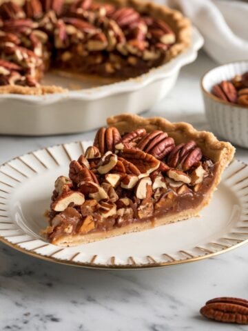 Decadent bourbon pecan pie recipe featuring a buttery, flaky crust, a rich caramelized filling, and crunchy toasted pecans. A classic Southern dessert with a hint of bourbon for extra depth and flavor.