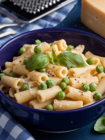 Delicious Pasta and Peas Recipe served in a blue bowl, featuring creamy rigatoni pasta, sweet green peas, fresh basil, and grated Parmesan cheese. A quick and easy comfort food dish perfect for any meal.