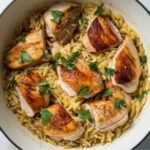 Easy One Pot Chicken Orzo Recipe with golden-seared chicken breast pieces over tender orzo pasta, garnished with fresh parsley. A simple and flavorful one-pan meal perfect for busy weeknights.