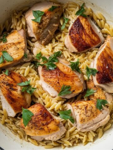 Easy One Pot Chicken Orzo Recipe with golden-seared chicken breast pieces over tender orzo pasta, garnished with fresh parsley. A simple and flavorful one-pan meal perfect for busy weeknights.