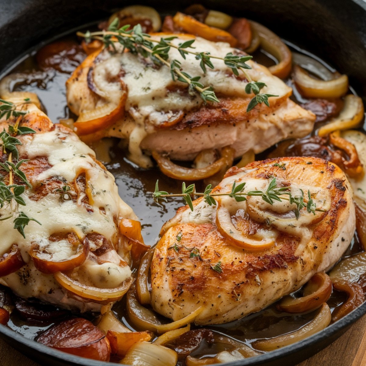 French Onion Chicken Recipe featuring pan-seared chicken breasts smothered in caramelized onions, melted cheese, and a rich, savory sauce, garnished with fresh thyme in a cast-iron skillet.