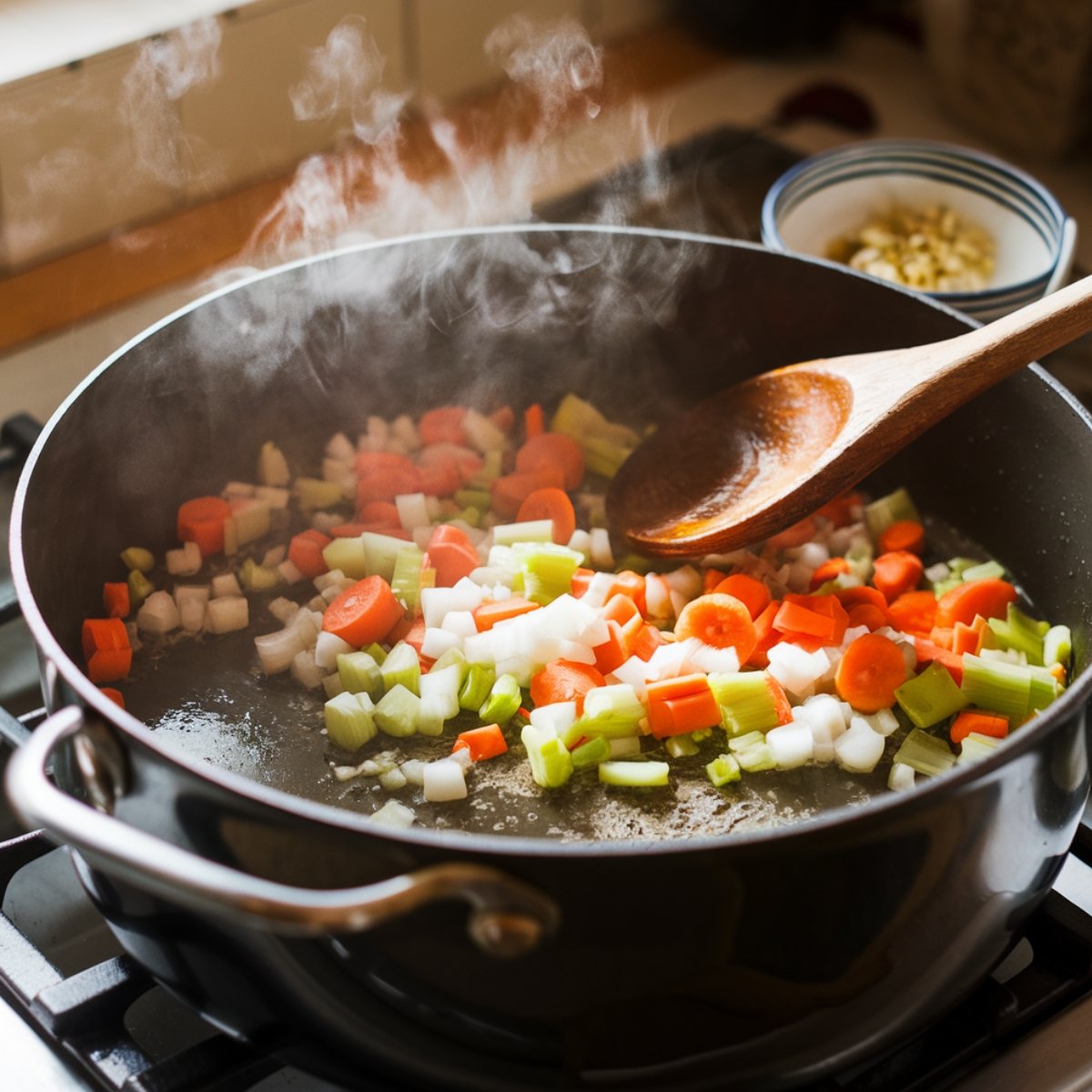 Steaming hot soffritto mixture of diced onions, carrots, and celery sautéing in a black pan with a wooden spoon. This aromatic base is the foundation of a delicious Ditalini Pasta Recipe, adding rich flavor to the dish. A bowl of minced garlic sits in the background, ready to enhance the recipe.