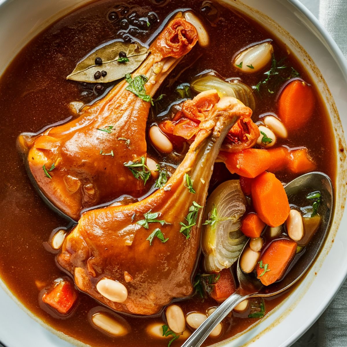 A flavorful Turkey Neck Recipe featuring slow-braised turkey necks in a rich, savory broth with carrots, onions, and fresh parsley. The dish is presented in a rustic cast-iron skillet, with golden-browned turkey necks tenderly cooked to perfection. The broth is deep and aromatic, with vibrant vegetables adding a burst of color. Fresh parsley is used as a garnish, enhancing the dish's visual appeal. Warm, natural lighting highlights the comforting and hearty essence of this home-cooked meal.