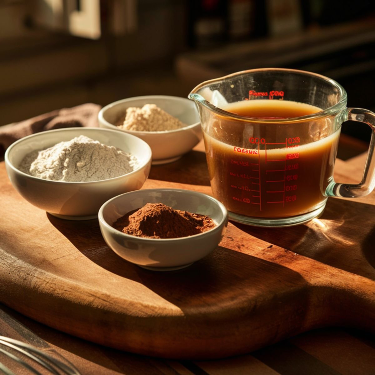 Essential ingredients for a Turkey Neck Recipe gravy, beautifully arranged on a rustic wooden countertop. A glass measuring cup filled with rich, savory broth is the focal point, surrounded by bowls of all-purpose flour, seasonings, and spices. Warm, natural sunlight highlights the depth of color in the ingredients, creating a cozy, home-cooked feel. These elements come together to make a smooth and flavorful gravy, perfect for complementing tender braised turkey necks.
