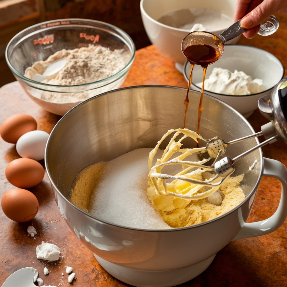 Blueberry Pound Cake Recipe – Creaming butter and sugar in a mixing bowl with vanilla extract being poured in, using an electric mixer. Surrounding the bowl are fresh eggs, flour mixture, and sour cream, ready to be combined for a moist and flavorful homemade blueberry pound cake.