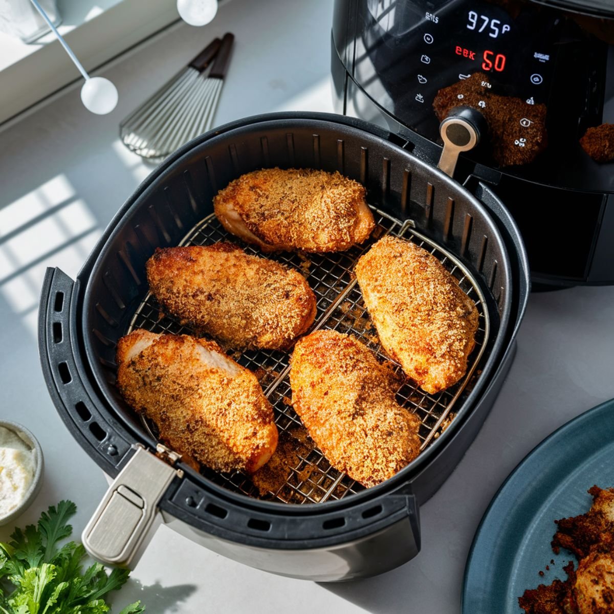 High-quality, vibrant image of crispy Parmesan-crusted chicken breasts cooking in an air fryer basket.