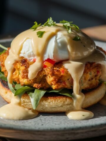 A homemade Crab Cake Benedict with a crispy golden crab cake on a toasted English muffin, topped with a poached egg, fresh arugula, and drizzled with creamy hollandaise sauce. Garnished with fresh herbs, with sauce cascading down the sides onto a rustic ceramic plate. Warm lighting enhances the rich textures and colors.