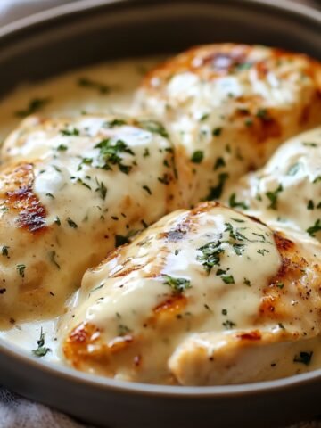 Homemade Cream Cheese Chicken featuring juicy, golden-brown seared chicken breasts generously smothered in a rich, velvety cream cheese sauce. The dish is beautifully garnished with freshly chopped parsley, served warm in a rustic, grey ceramic dish, highlighting its creamy texture and inviting, golden hues.