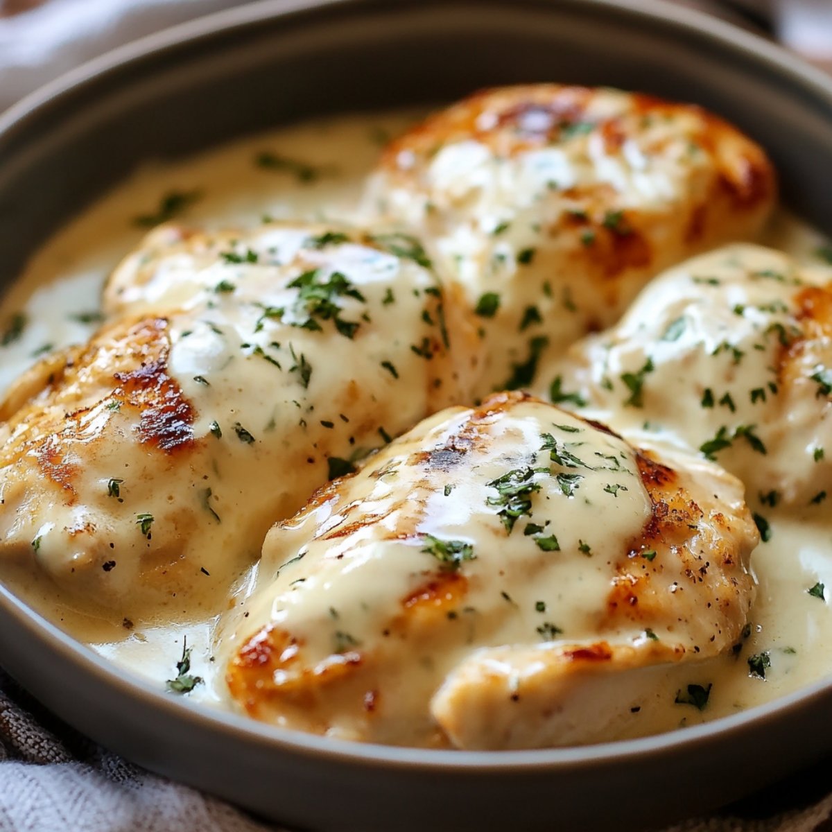 Homemade Cream Cheese Chicken featuring juicy, golden-brown seared chicken breasts generously smothered in a rich, velvety cream cheese sauce. The dish is beautifully garnished with freshly chopped parsley, served warm in a rustic, grey ceramic dish, highlighting its creamy texture and inviting, golden hues.