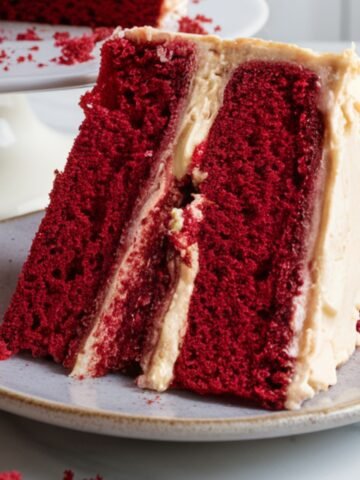 A homemade gluten free red velvet cake slice with deep red, airy layers and creamy, off-white frosting. The frosting is swirled and slightly uneven, giving it a rustic look. Crumbs are scattered on the plate and cake stand, with another slice slightly blurred in the background. The soft lighting enhances the cake’s rich color and moist texture.