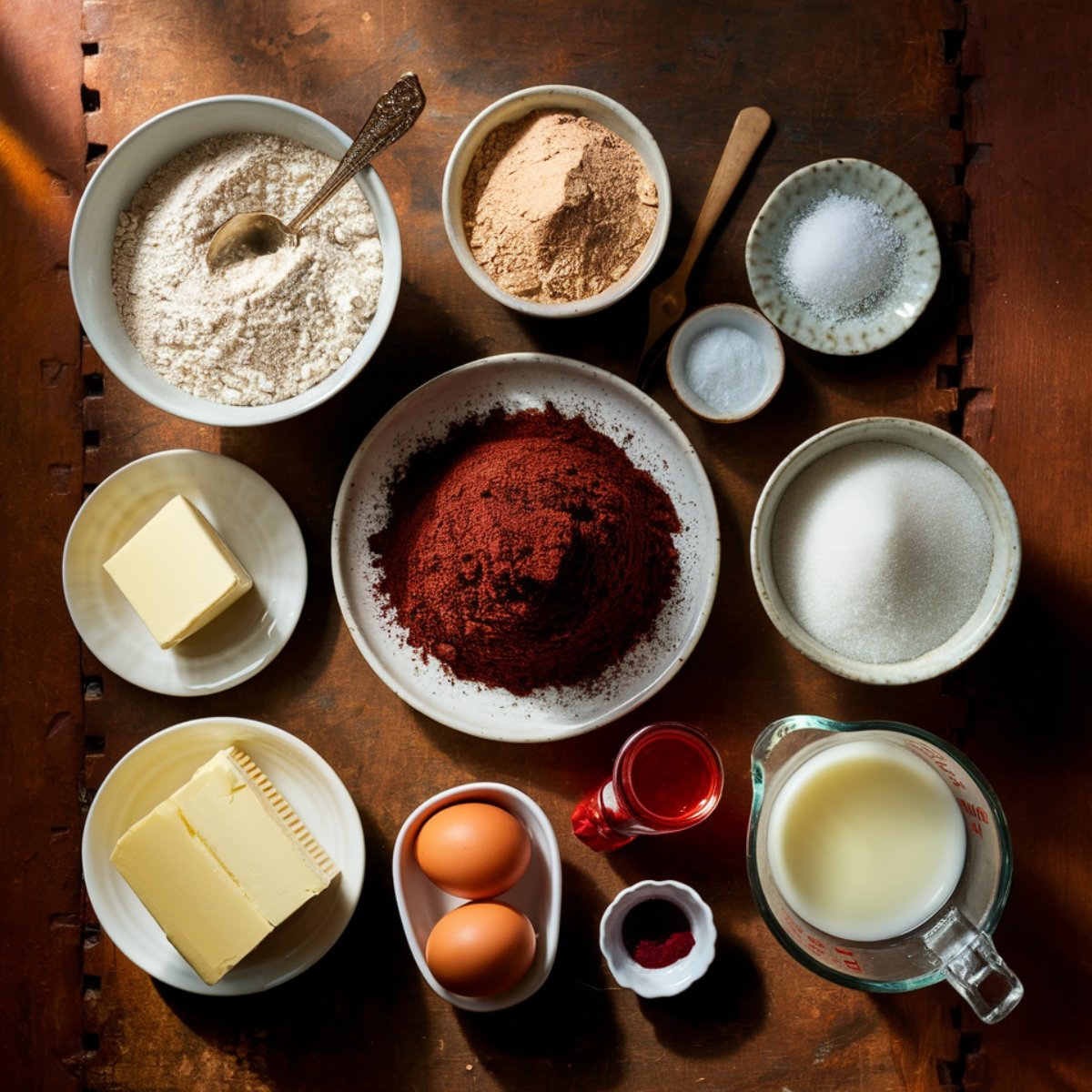 Gluten free red velvet cake ingredients arranged on a rustic wooden surface. A bowl of gluten-free flour with a spoon, cocoa powder, red-hued cocoa mixture, baking soda, salt, softened butter, granulated sugar, buttermilk in a measuring cup, two eggs, and red food coloring in both liquid and powder form. Warm natural lighting enhances the homemade, real-food aesthetic.