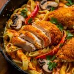 A skillet filled with homemade Louisiana Chicken Pasta, featuring crispy, golden-brown breaded chicken breast sliced into thick, juicy pieces. The chicken has a crunchy, seasoned coating, revealing tender, white meat inside. It rests on a bed of al dente pasta, coated in a creamy, spicy Cajun Alfredo sauce with a vibrant orange hue. The sauce clings to each pasta strand, pooling slightly at the bottom of the skillet.