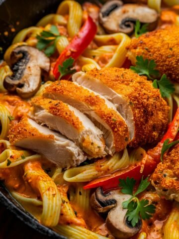 A skillet filled with homemade Louisiana Chicken Pasta, featuring crispy, golden-brown breaded chicken breast sliced into thick, juicy pieces. The chicken has a crunchy, seasoned coating, revealing tender, white meat inside. It rests on a bed of al dente pasta, coated in a creamy, spicy Cajun Alfredo sauce with a vibrant orange hue. The sauce clings to each pasta strand, pooling slightly at the bottom of the skillet.
