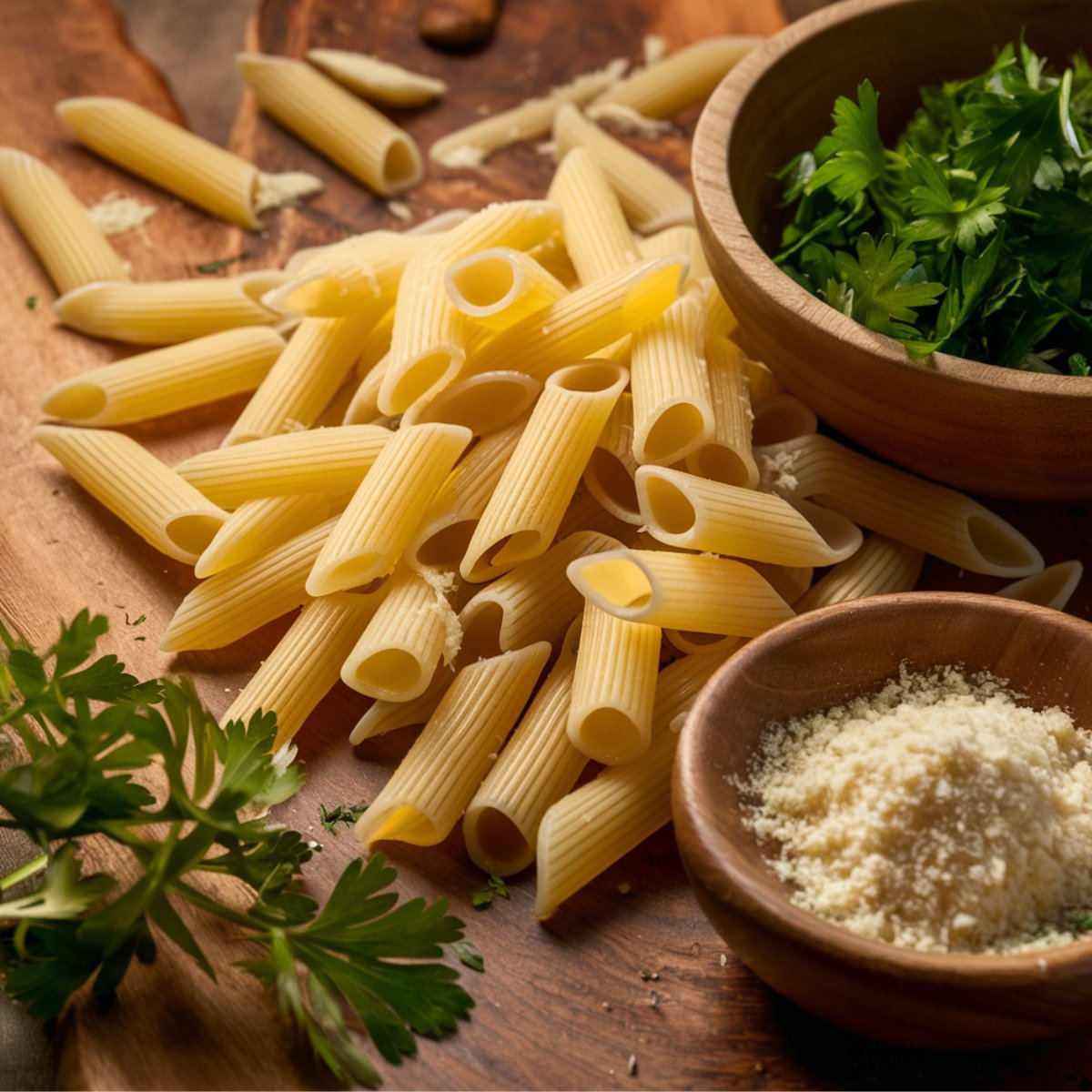 A rustic wooden surface holds uncooked penne pasta, a bowl of grated Parmesan, and fresh parsley, creating a warm, homemade feel for Chicken Tortellini Pasta.