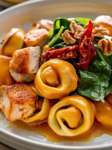 A homemade Marry Me Chicken Tortellini dish with cheese-filled tortellini coated in a creamy golden-orange sauce, topped with seared chicken, fresh spinach, sun-dried tomatoes, and toasted walnuts on a white ceramic plate.