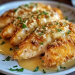 Close-up of golden-brown, homemade parmesan crusted chicken sliced neatly on a white plate, with a crispy, buttery crust and sprinkled with fresh parsley. Juicy chicken breast slices reveal tender, moist meat, surrounded by melted parmesan and toasted breadcrumbs, alongside fresh tomato wedges and lemon slices in the softly blurred background.