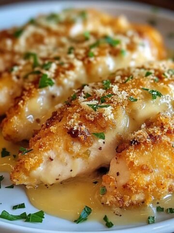 Close-up of golden-brown, homemade parmesan crusted chicken sliced neatly on a white plate, with a crispy, buttery crust and sprinkled with fresh parsley. Juicy chicken breast slices reveal tender, moist meat, surrounded by melted parmesan and toasted breadcrumbs, alongside fresh tomato wedges and lemon slices in the softly blurred background.