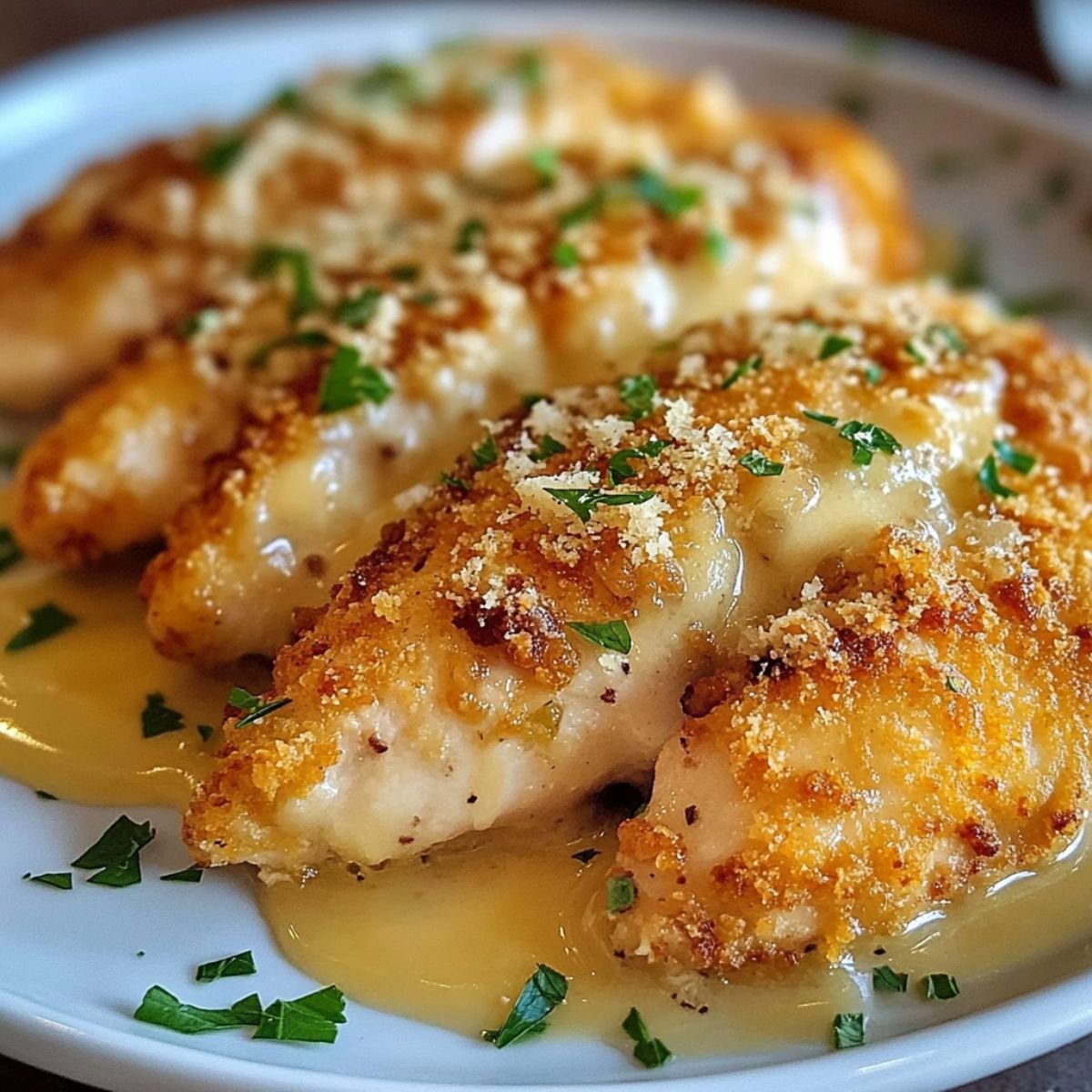 Close-up of golden-brown, homemade parmesan crusted chicken sliced neatly on a white plate, with a crispy, buttery crust and sprinkled with fresh parsley. Juicy chicken breast slices reveal tender, moist meat, surrounded by melted parmesan and toasted breadcrumbs, alongside fresh tomato wedges and lemon slices in the softly blurred background.