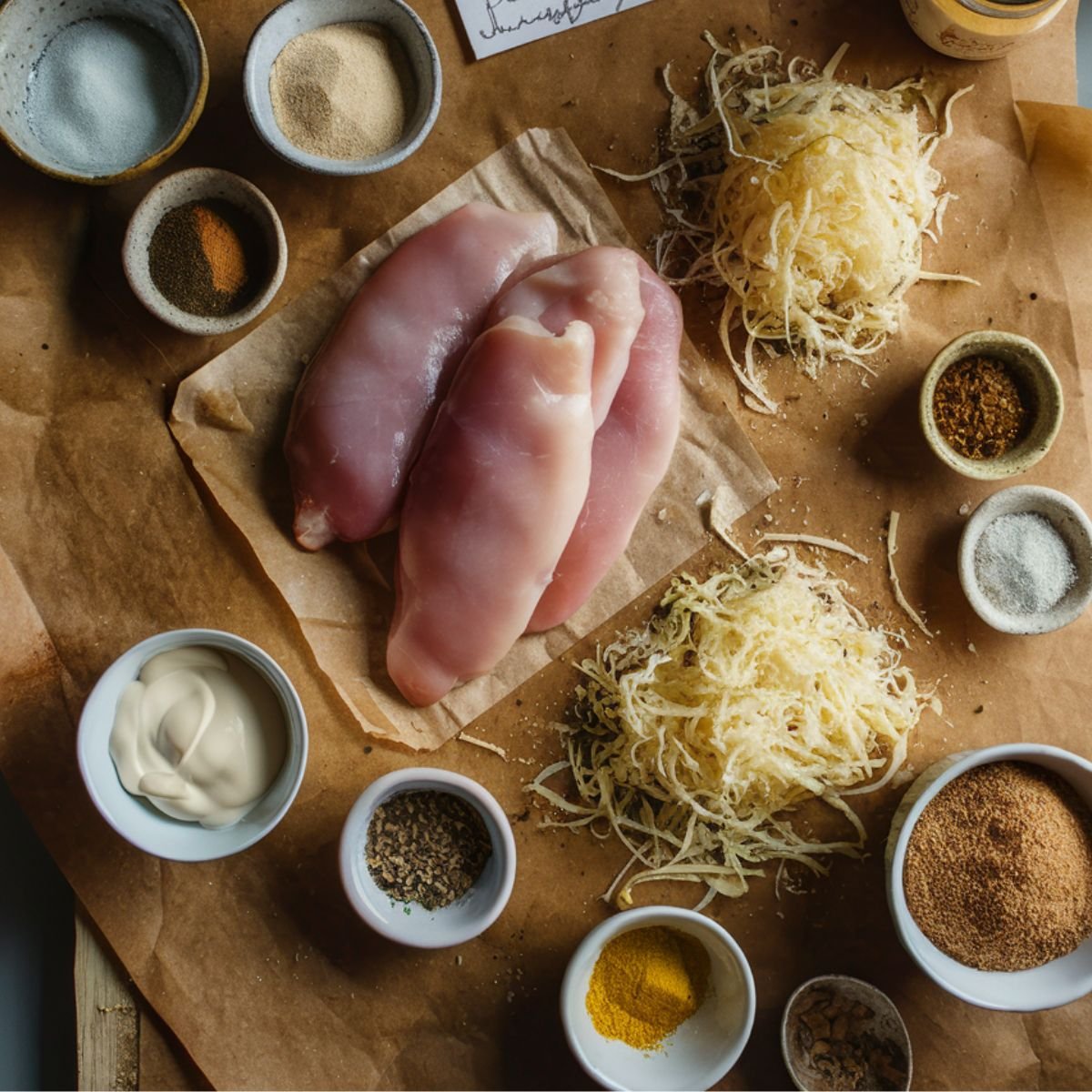 Overhead shot of raw boneless chicken breasts placed on parchment paper, surrounded by small bowls of ingredients for parmesan crusted chicken. Freshly grated parmesan cheese is piled in two clusters, alongside mayo, panko breadcrumbs, spices like paprika, garlic powder, onion powder, black pepper, and salt.