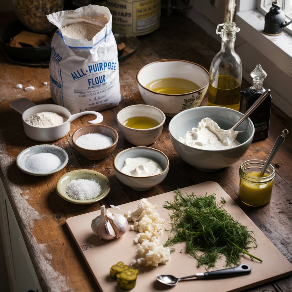 Rustic kitchen scene with pickle pizza ingredients on a wooden counter: a bag of all-purpose flour, bowls of olive oil, sour cream, mayo, salt, sugar, chopped garlic, fresh dill, pickles, and a jar of dressing, all bathed in soft natural window light.