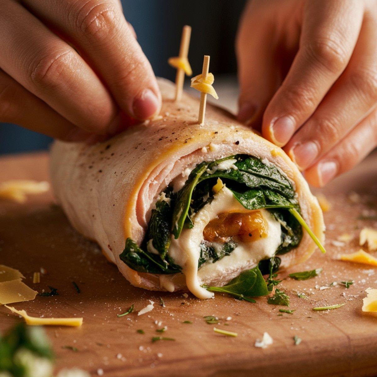 Hands rolling a seasoned chicken breast stuffed with fresh spinach, melted mozzarella, and ricotta on a wooden cutting board. Toothpicks secure the roll, with cheese slightly oozing out. Shredded cheese, herbs, and crumbs are scattered on the board, creating a natural, homemade feel.
