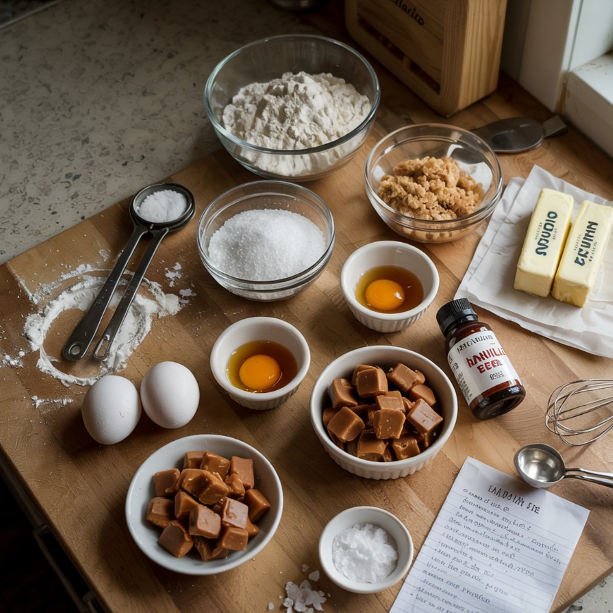 Homemade caramel cookie ingredients on a wooden counter with flour, sugars, eggs, butter, caramel bits, and vanilla, next to a handwritten recipe and light kitchen mess.